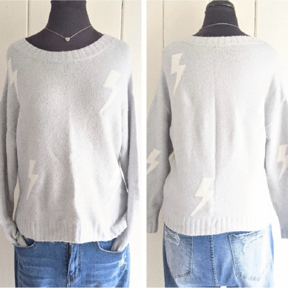 Rails Perci Lightning Bolt Sweater Grey White Cashmere Blend Crew Neck Small - Picture 2 of 9